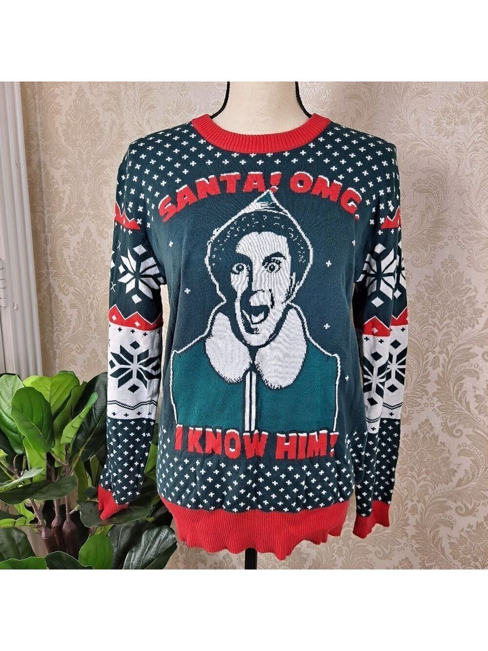 Elf Size Medium “OMG Santa I Know HIm” Sweater Long Sleeve Green/Red EUC